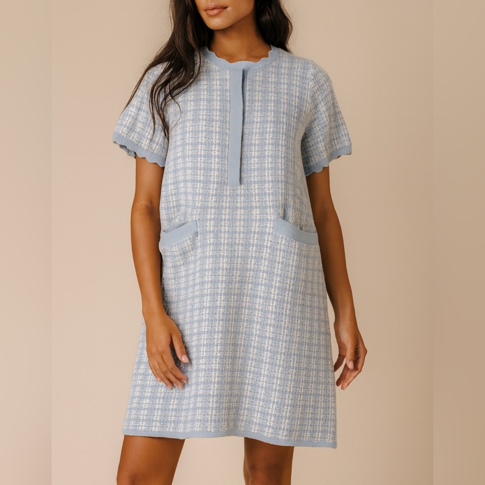 Free Assembly sz XL Womens Blue Cotton Plaid Knit Scalloped‎ Button Dress Preppy